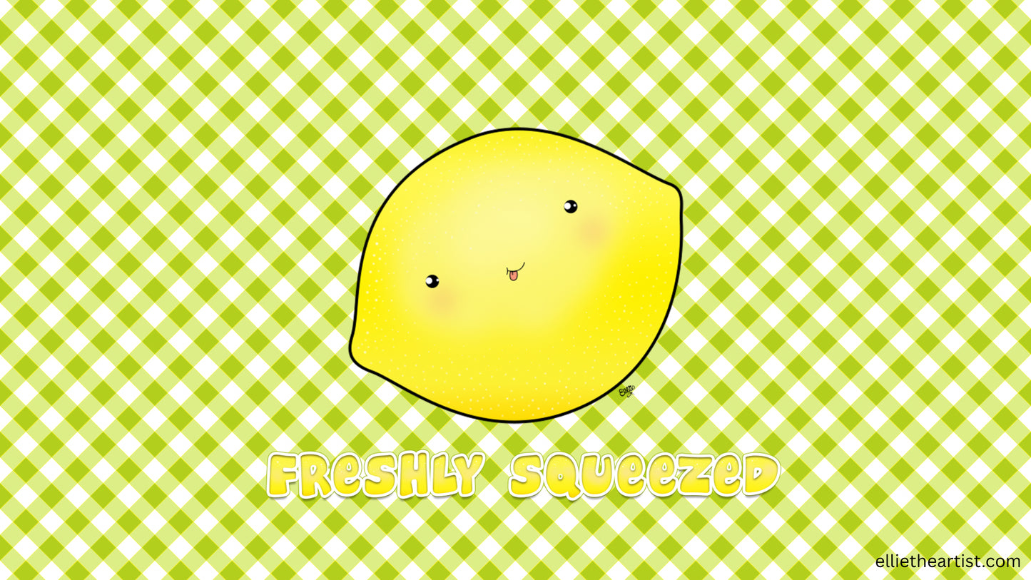 A cute cartoon lemon with a smiling face on a green and white checkered background, with the text 'FRESHLY SQUEEZED' below it.