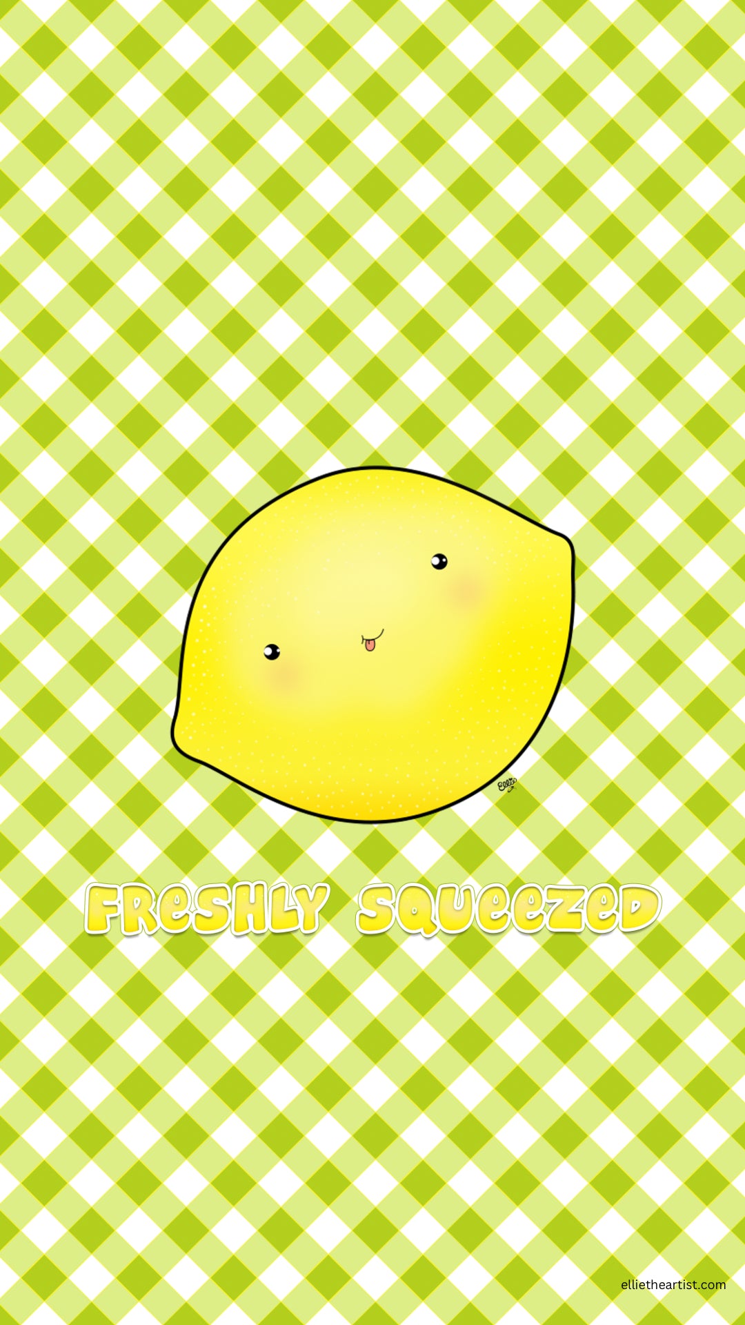 A cute cartoon lemon with a smiling face on a green and white checkered background, with the text 'FRESHLY SQUEEZED' below it.
