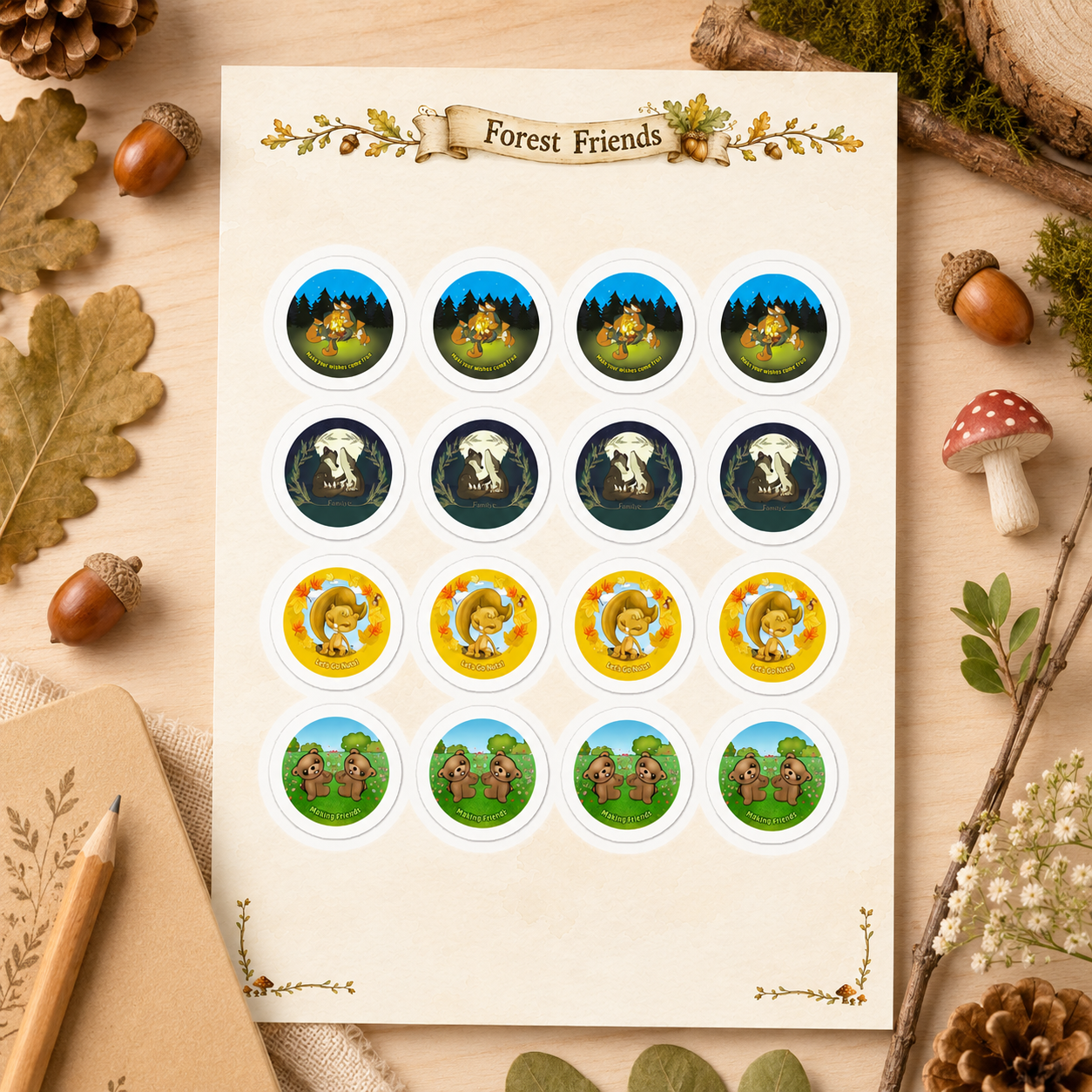 Forest Friends Cartoon Sticker Sheet – Cute Woodland Animal Stickers for Kids, Rewards, Journals & Lunchbox Notes