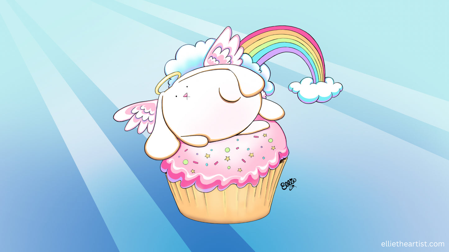 FREE Angel Bunny Riding a Cupcake Desktop Wallpaper (Digital Download)