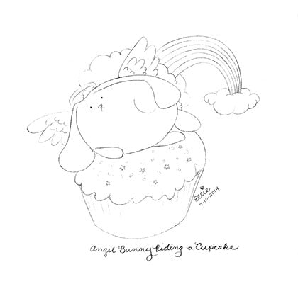 Sketch of Angel Bunny Riding a Cupcake