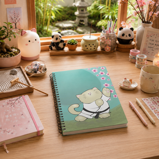 TAI CHI KITTY Cartoon Notebook – 150 lined pages A5 Wirobound Softcover