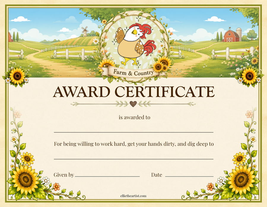 Farm and Country printable reward certificate with chicken character and sunflower border