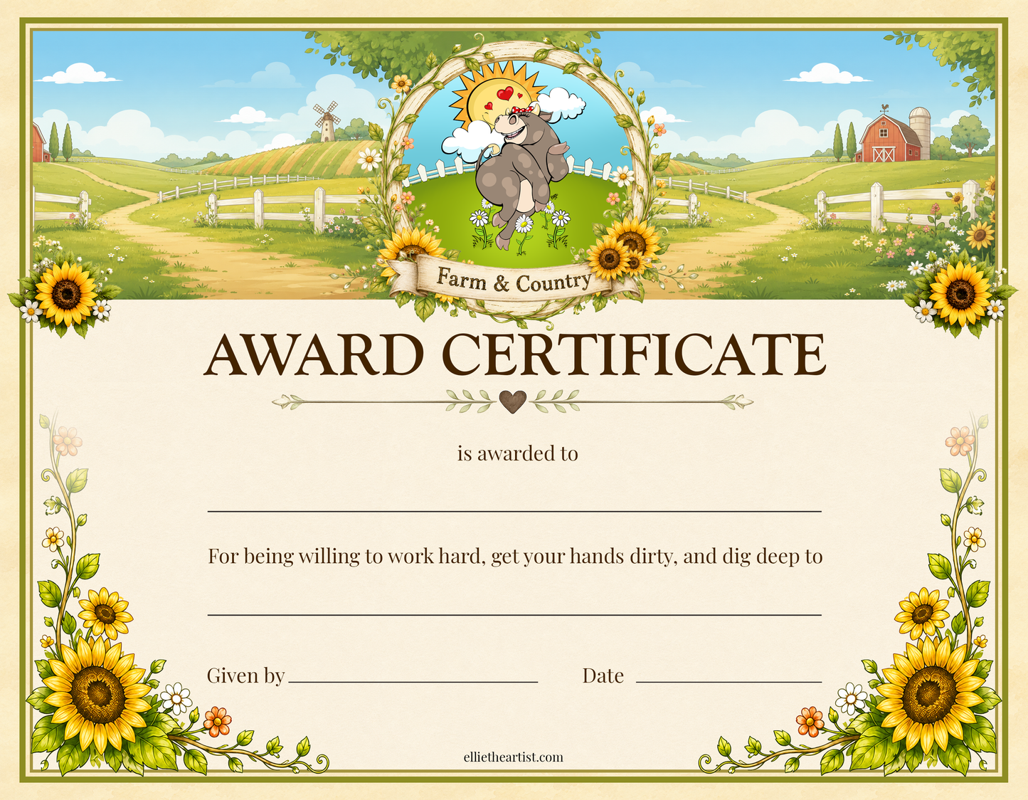Farm and Country printable reward certificate with cow character and sunflower border