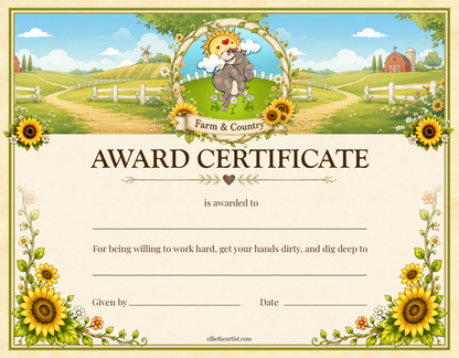 Farm and Country printable reward certificate with cow character and sunflower border