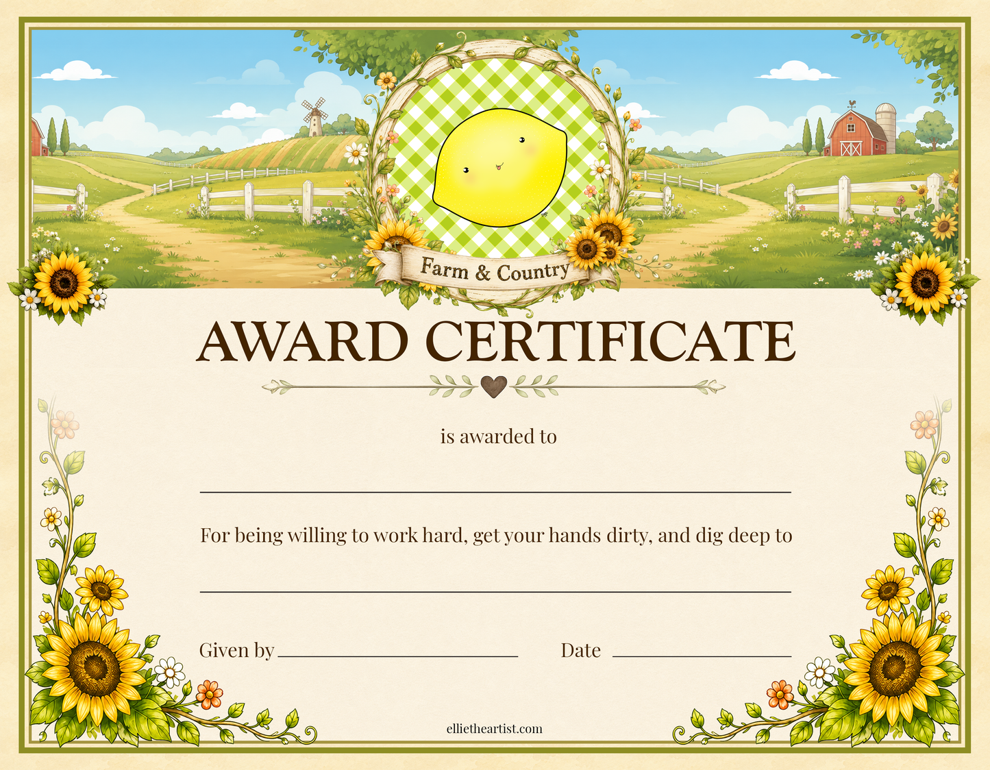 Farm and Country printable reward certificate with lemon character and sunflower border