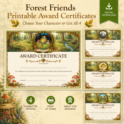 Forest Friends Printable Reward Certificate | Kids Award Certificate Digital Download