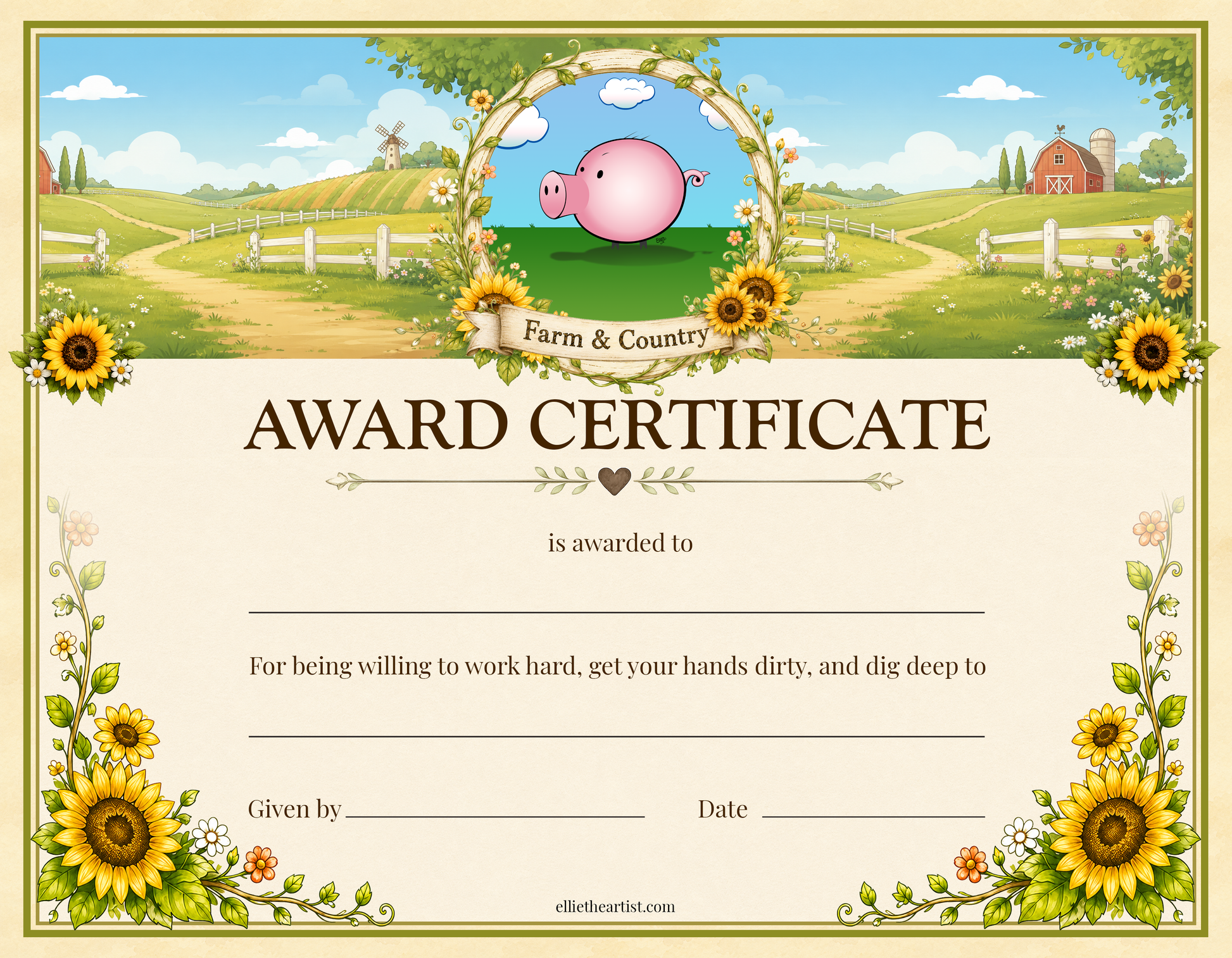 Farm and Country printable reward certificate with pig character and sunflower border
