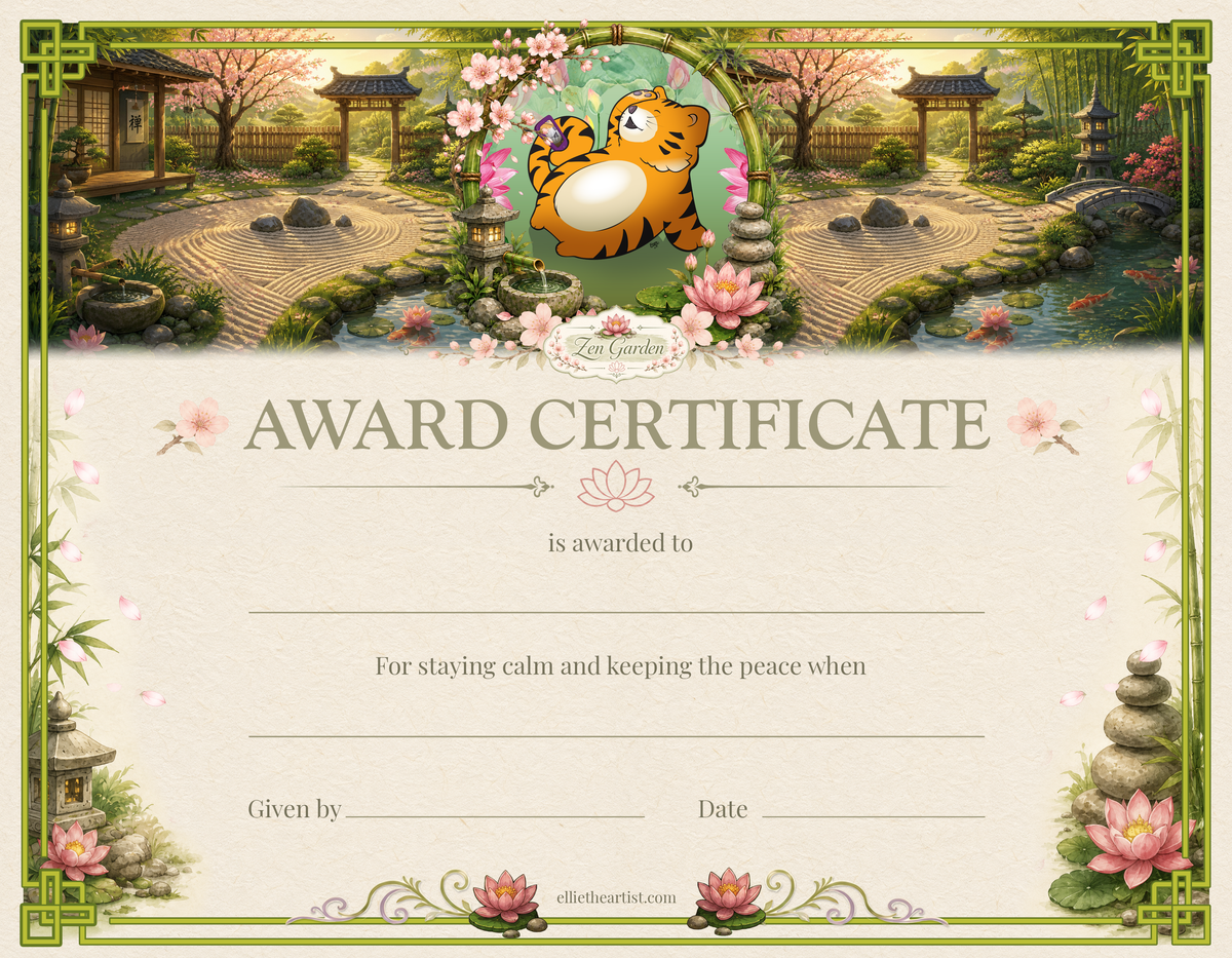 Award certificate with tiger cartoon character taking a selfie in a zen garden setting