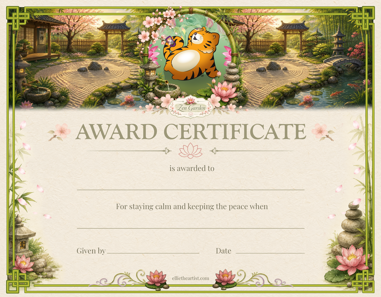 Award certificate with tiger cartoon character taking a selfie in a zen garden setting