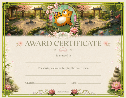 Award certificate with tiger cartoon character taking a selfie in a zen garden setting