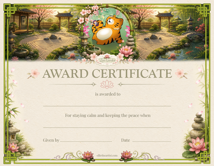 Award certificate with tiger cartoon character taking a selfie in a zen garden setting