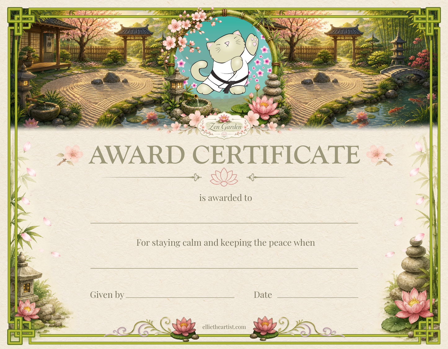 Award certificate with a cartoon cat doing tai chi in a zen garden setting