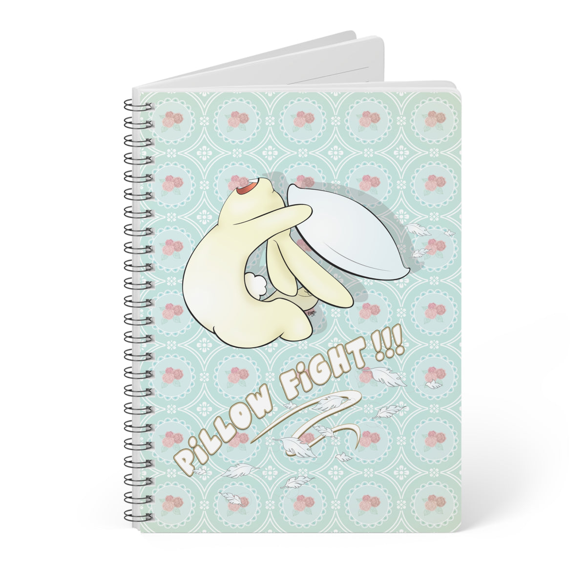 BUNNY PILLOW FIGHT Cartoon Notebook – 150 lined pages A5 Wirobound Softcover