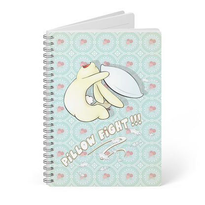 BUNNY PILLOW FIGHT Cartoon Notebook – 150 lined pages A5 Wirobound Softcover