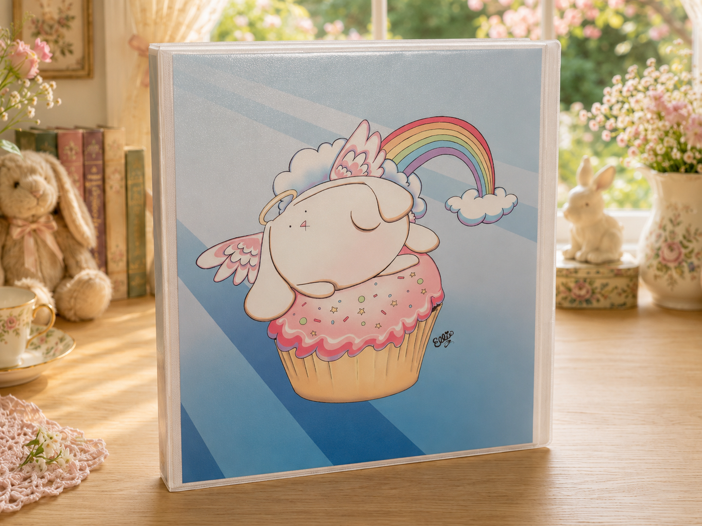 Angel Bunny 3-Ring Binder – Cute Cupcake Bunny School Binder with Rainbow Art