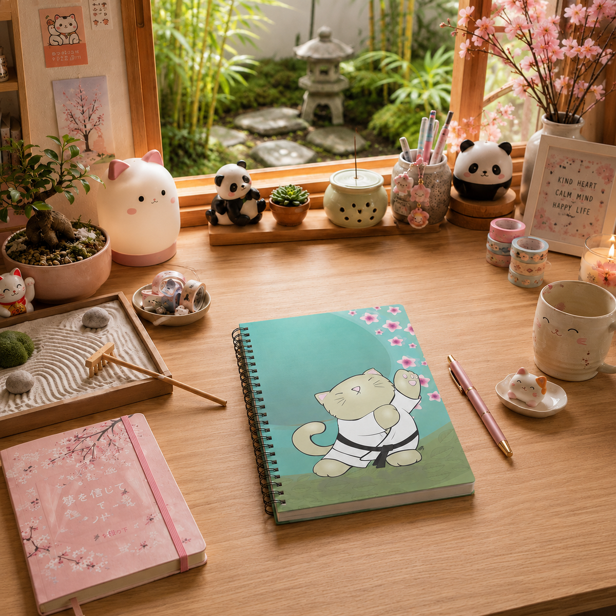 TAI CHI KITTY Cartoon Notebook – 150 lined pages A5 Wirobound Softcover
