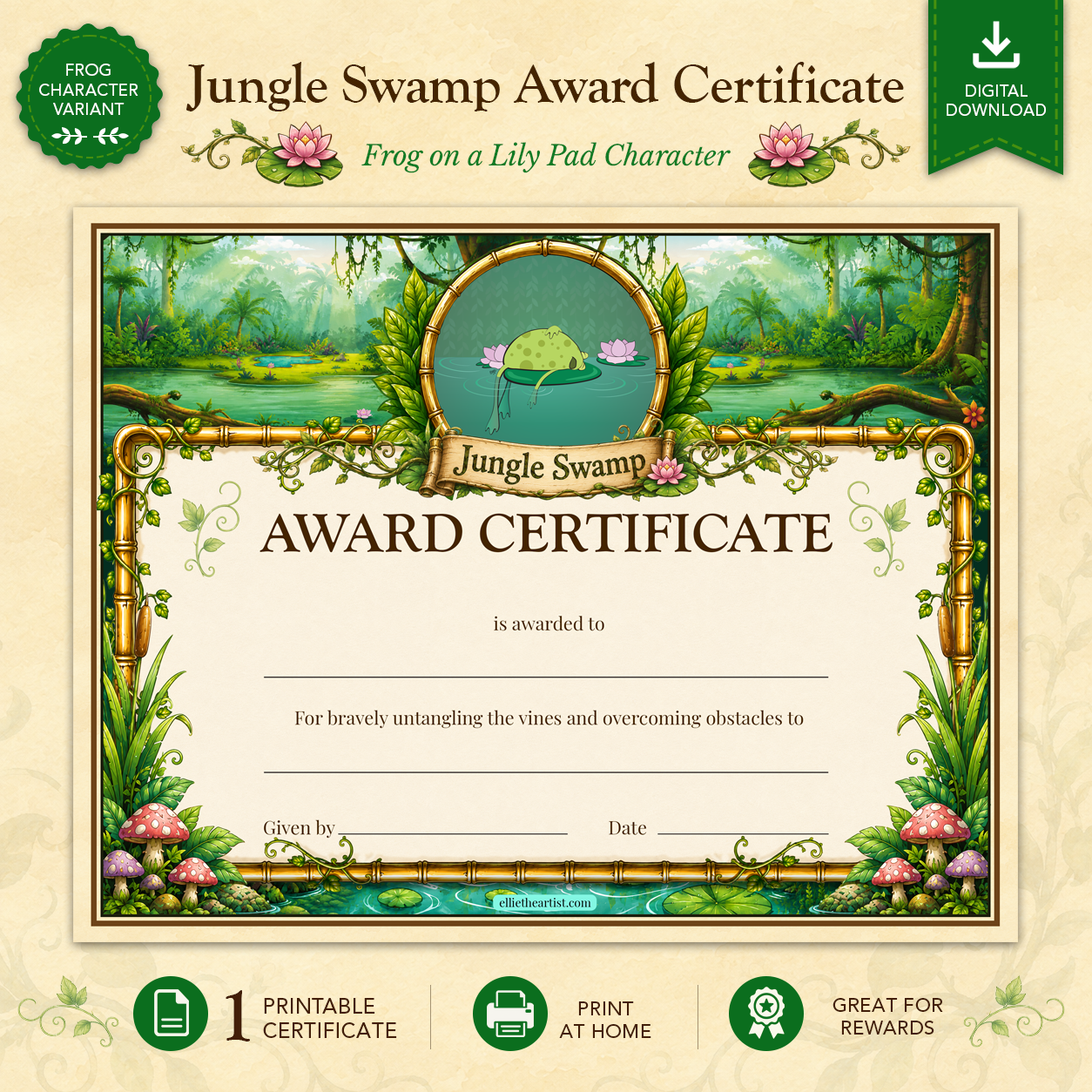 Jungle Swamp Printable Reward Certificate | Kids Award Certificate Digital Download