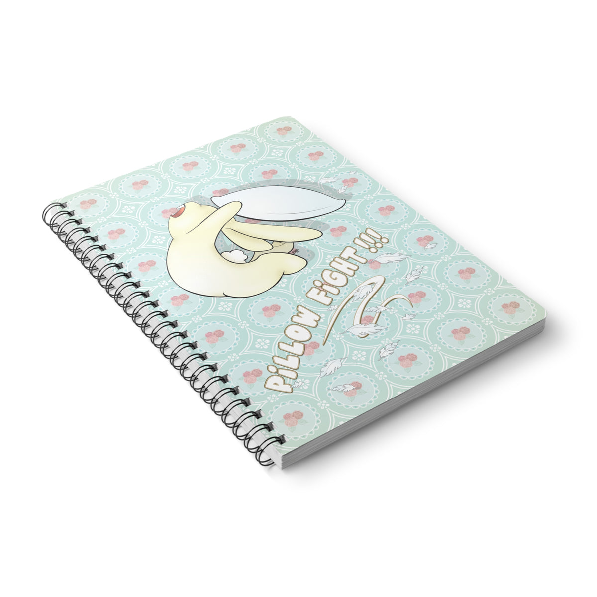 BUNNY PILLOW FIGHT Cartoon Notebook – 150 lined pages A5 Wirobound Softcover