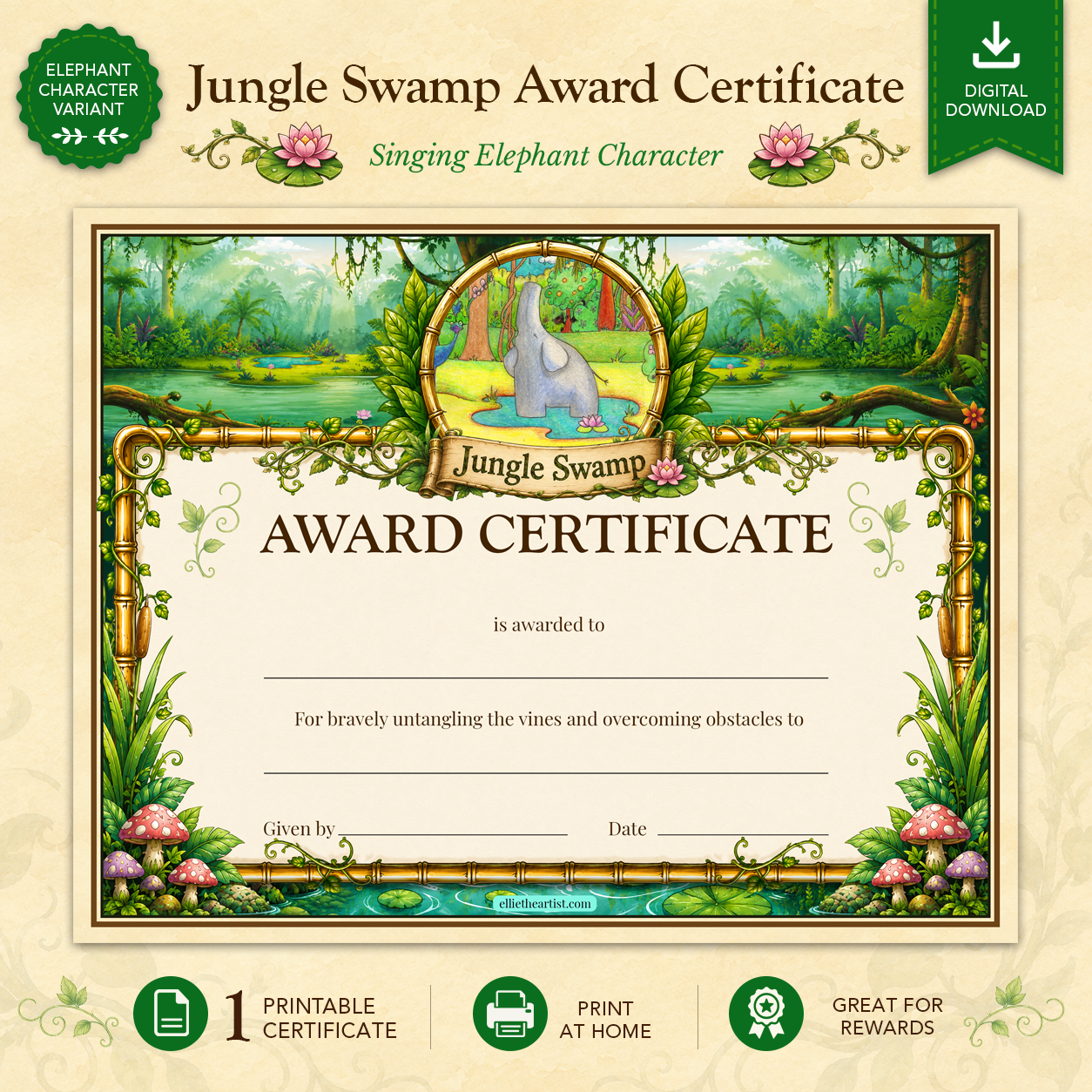 Jungle Swamp Printable Reward Certificate | Kids Award Certificate Digital Download