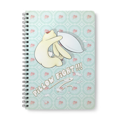 BUNNY PILLOW FIGHT Cartoon Notebook – 150 lined pages A5 Wirobound Softcover