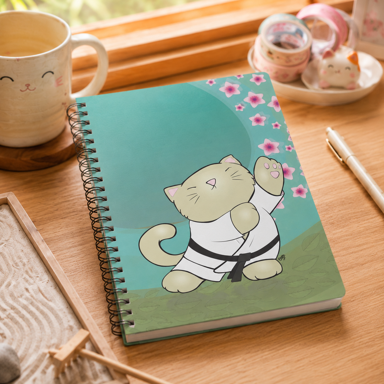 TAI CHI KITTY Cartoon Notebook – 150 lined pages A5 Wirobound Softcover