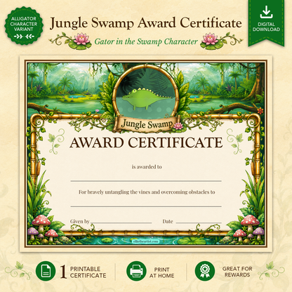 Jungle Swamp Printable Reward Certificate | Kids Award Certificate Digital Download