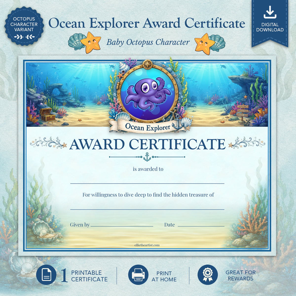 Ocean Explorer Printable Reward Certificate | Kids Award Certificate (Digital Download)