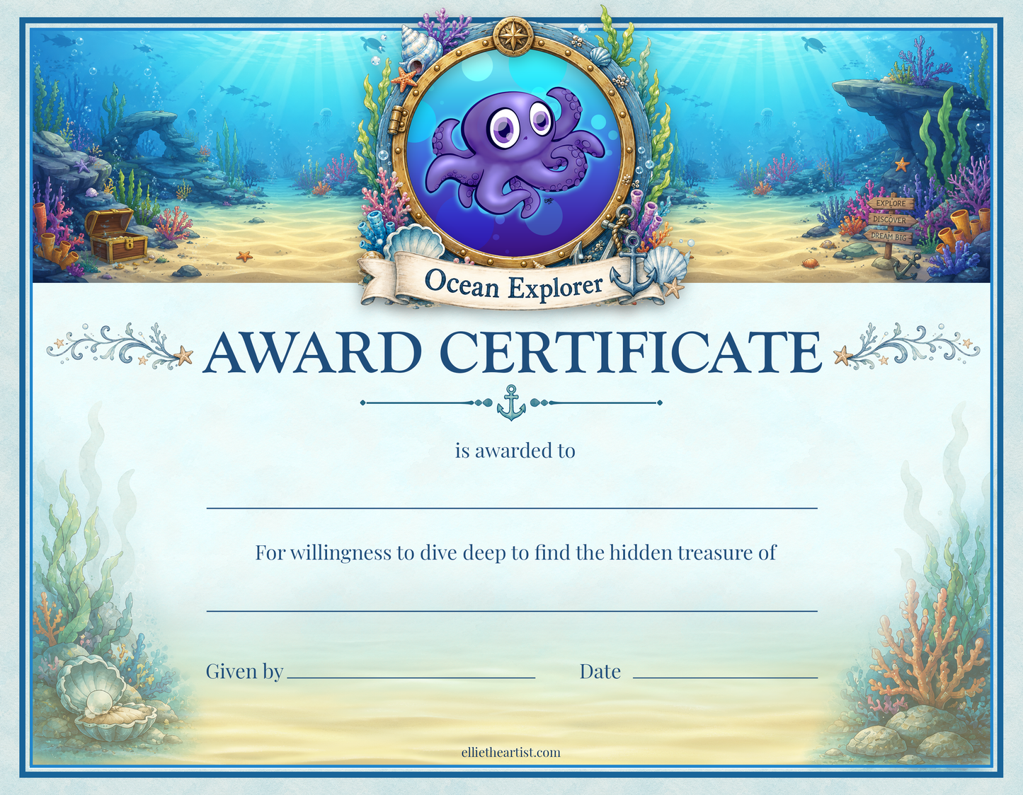 Ocean Explorer Printable Reward Certificate | Kids Award Certificate (Digital Download)