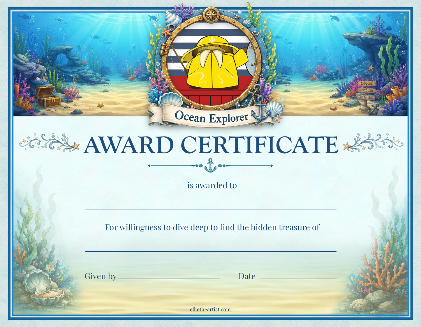 Ocean Explorer Printable Reward Certificate | Kids Award Certificate (Digital Download)