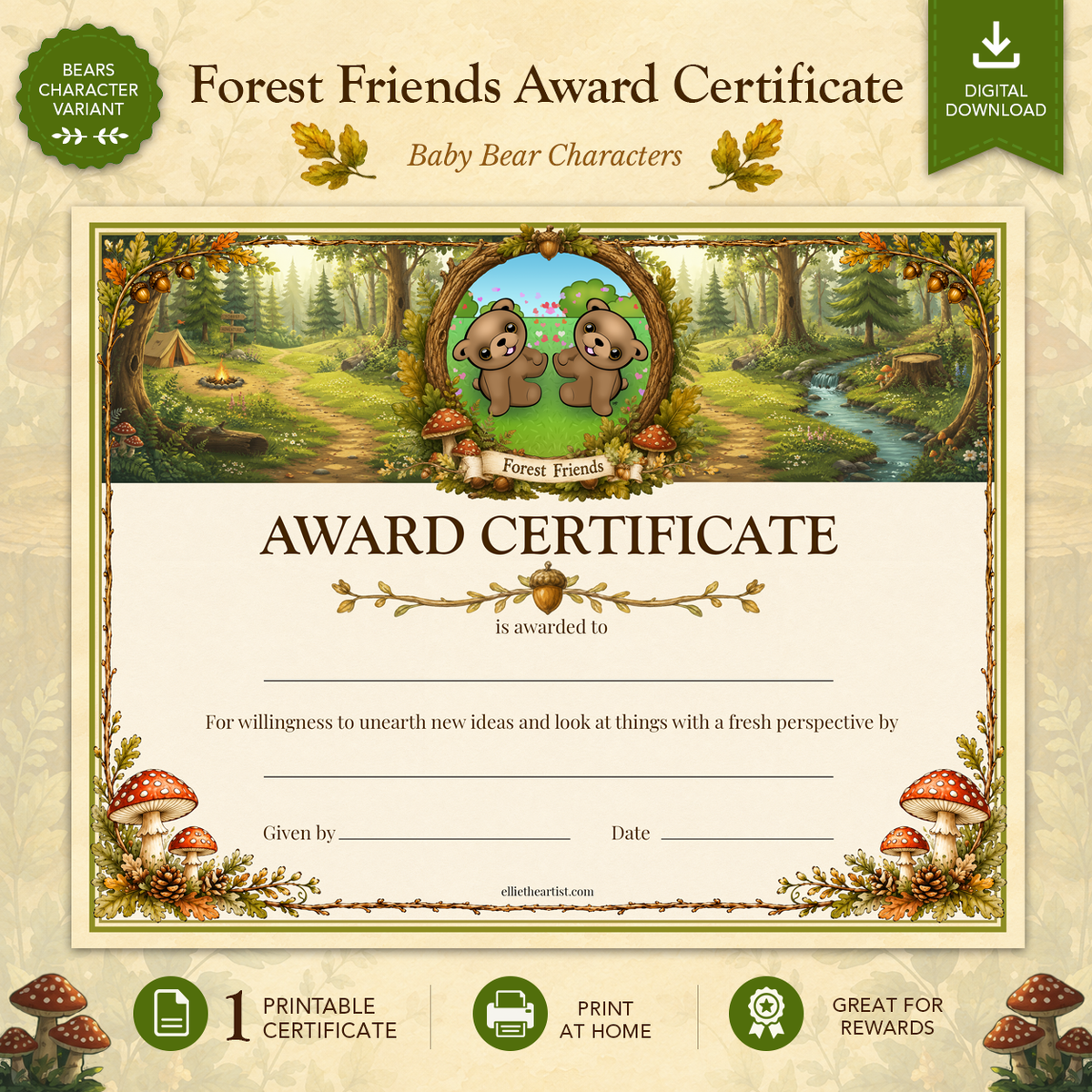 Forest Friends Printable Reward Certificate | Kids Award Certificate Digital Download