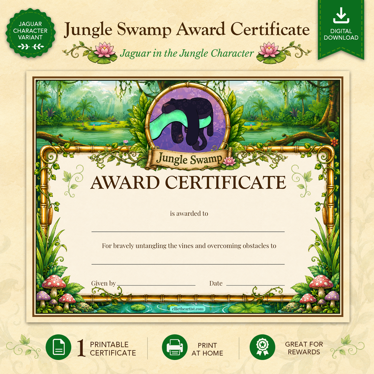 Jungle Swamp Printable Reward Certificate | Kids Award Certificate Digital Download