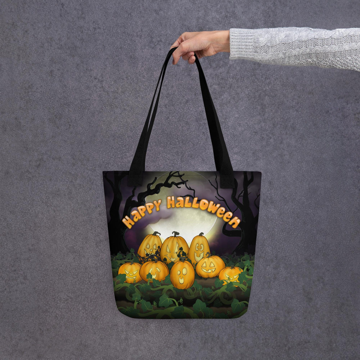 Kids Halloween Trick or Treat Tote Bag w Cute Jack O Lantern Pumpkins with words 'Happy Halloween' Gift for Kids to go Trick-or-Treating