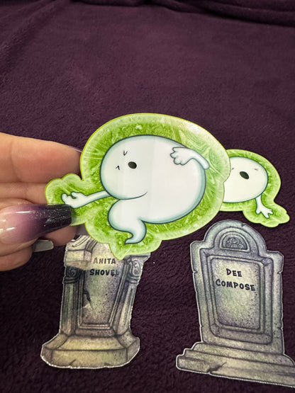 STICKER PACK: Haunted Graveyard Ghosts and Tombstones of Dee Compose and Anita Shovel | 4-Pack