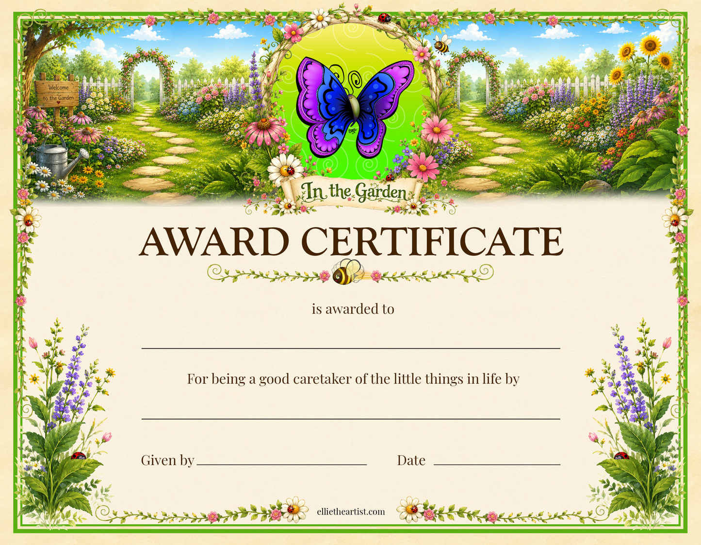 In the Garden Printable Reward Certificate | Kids Award Certificate Digital Download