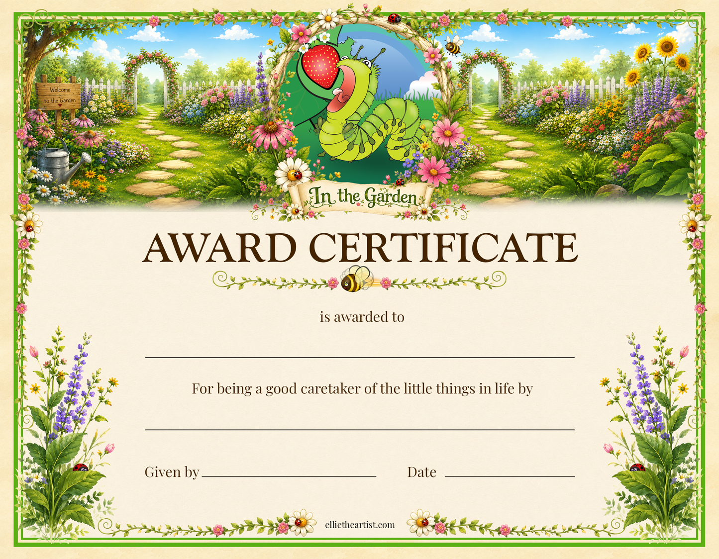 In the Garden Printable Reward Certificate | Kids Award Certificate Digital Download