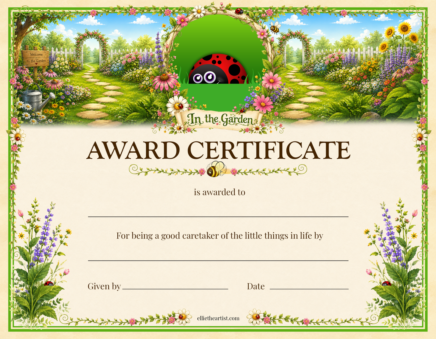In the Garden Printable Reward Certificate | Kids Award Certificate Digital Download