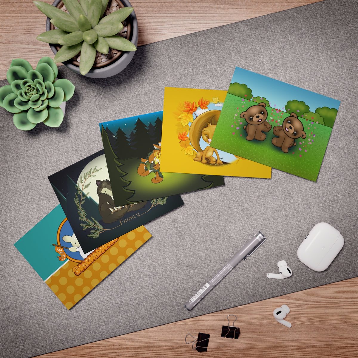 Forest Friends Cartoon Art Greeting Cards - Set of 5