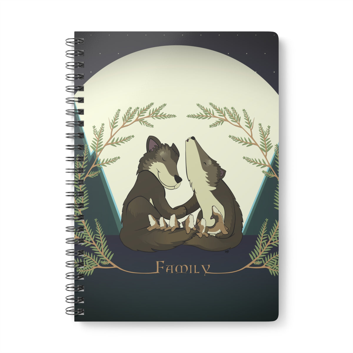 WOLF FAMILY AND THE FIRST AWOO Cartoon Notebook – 150 lined pages A5 Wirobound Softcover