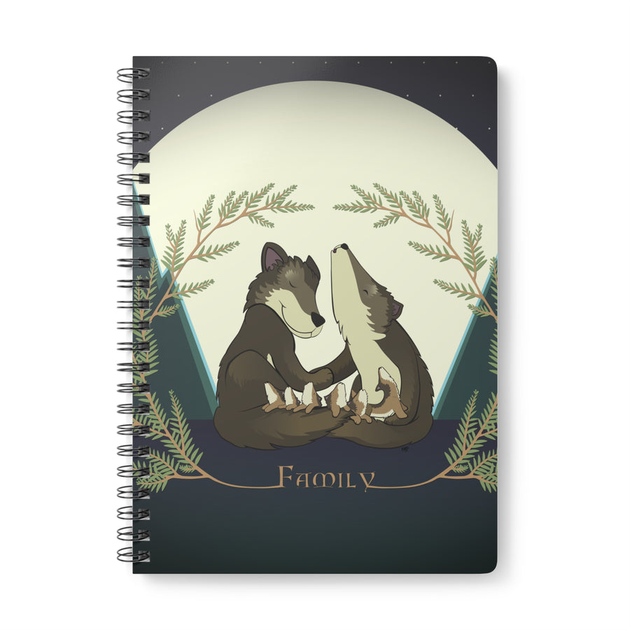 WOLF FAMILY AND THE FIRST AWOO Cartoon Notebook – 150 lined pages A5 Wirobound Softcover