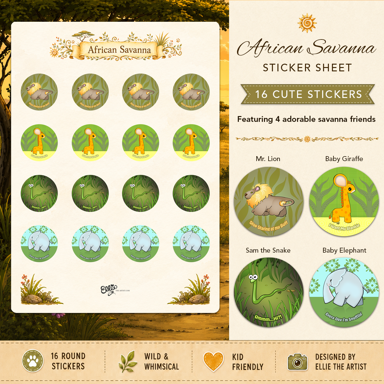 African Savanna sticker sheet with 16 cute stickers featuring 4 cartoon characters: lion, giraffe, snake and elephant