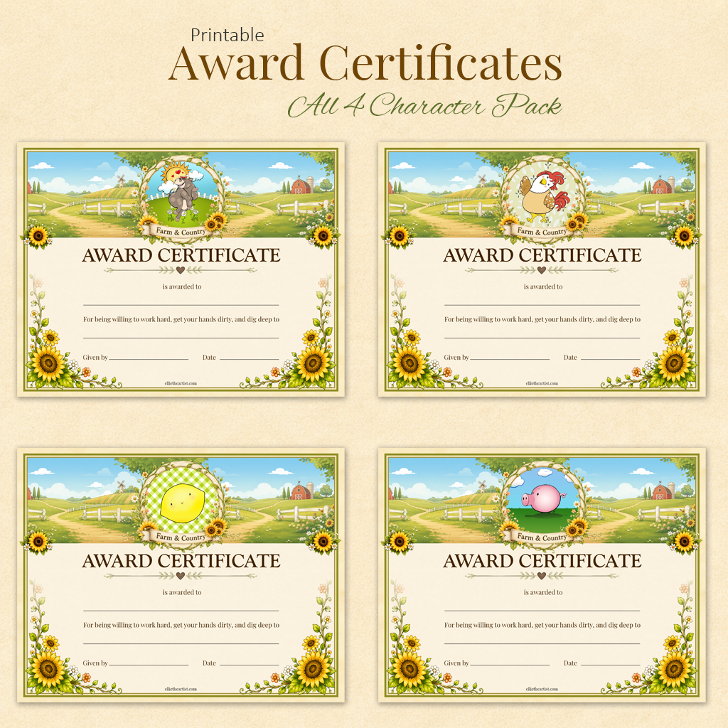 Printable farm themed award certificate for kids with sunflower corners