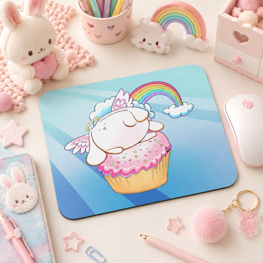 Angel Bunny Riding a Cupcake mouse pad from the Fluffy Bunnies Collection