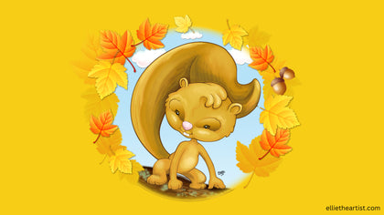 A cartoon squirrel illustration with a large brown tail, sitting on a small patch of ground and surrounded by falling autumn leaves in yellow, orange, and red on a bright yellow background.