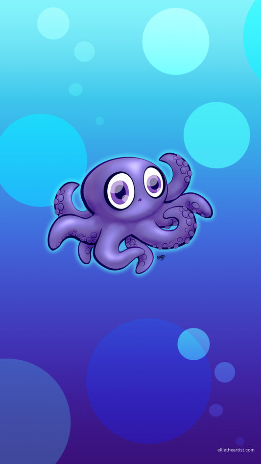 A cute cartoon octopus with large white eyes and purple tentacles, centered on a blue and purple gradient background with soft circular light effects.
