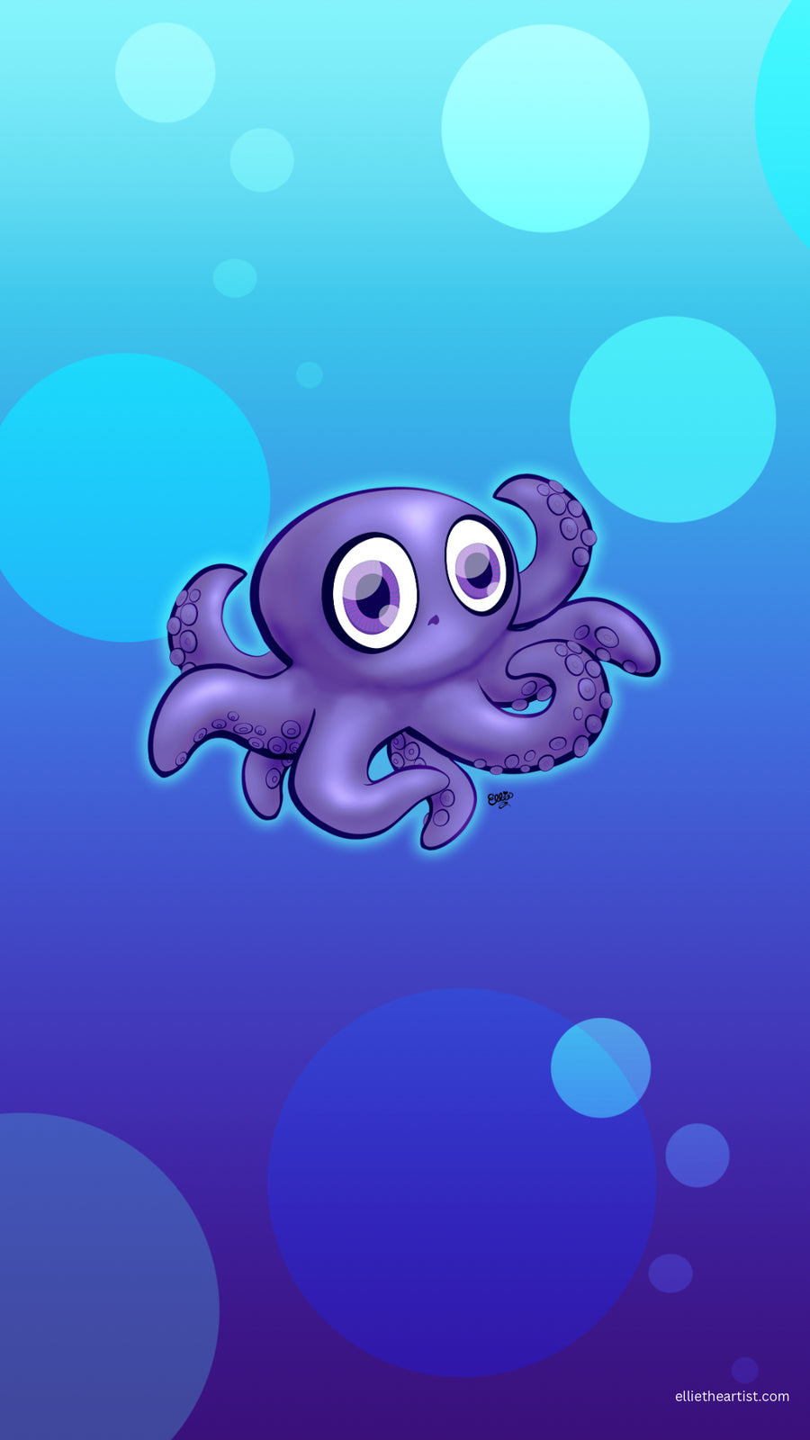 A cute cartoon octopus with large white eyes and purple tentacles, centered on a blue and purple gradient background with soft circular light effects.