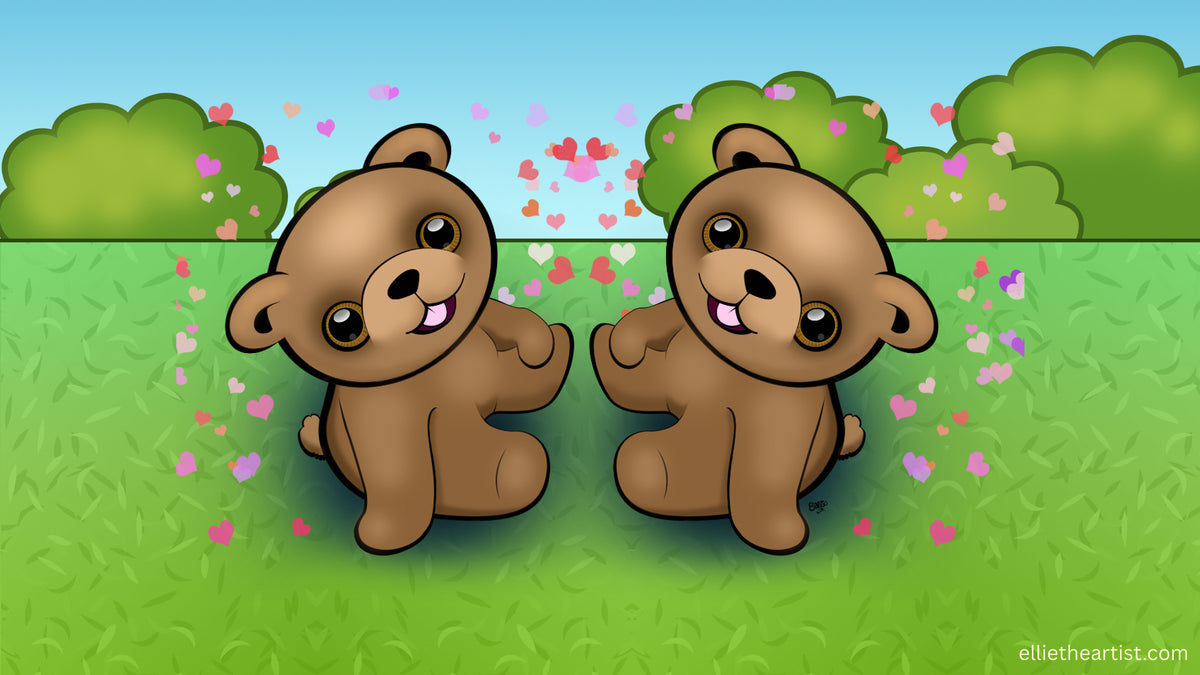 A cartoon illustration of two cute, brown bear cubs sitting side by side on a green grassy field with pink hearts floating in the air and green bushes in the background under a light blue sky.