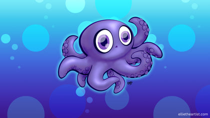 A cute cartoon octopus with large white eyes and purple tentacles, centered on a blue and purple underwater-style background with glowing bubbles.