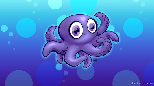 A cute cartoon octopus with large white eyes and purple tentacles, centered on a blue and purple underwater-style background with glowing bubbles.