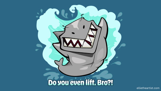 A cartoon shark character with a big smile showing sharp teeth, floating in a light blue splash on a teal-blue background, with the text 'Do you even lift, Bro?!' below.